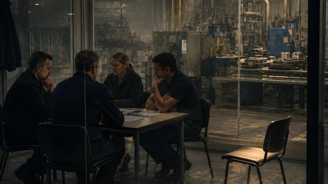 Besprechung hinter Glas in einer Produktionshalle, ein Stuhl bleibt leer
